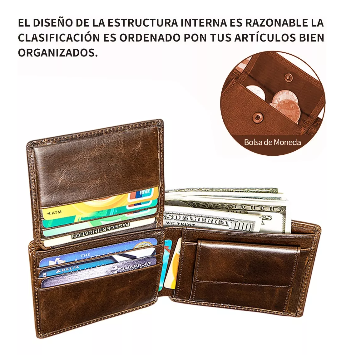 Foto 4 pulgar | Cartera 100% Piel Genuina Billetera Calidad Rfid Tarjetero, Marrón Oscuro
