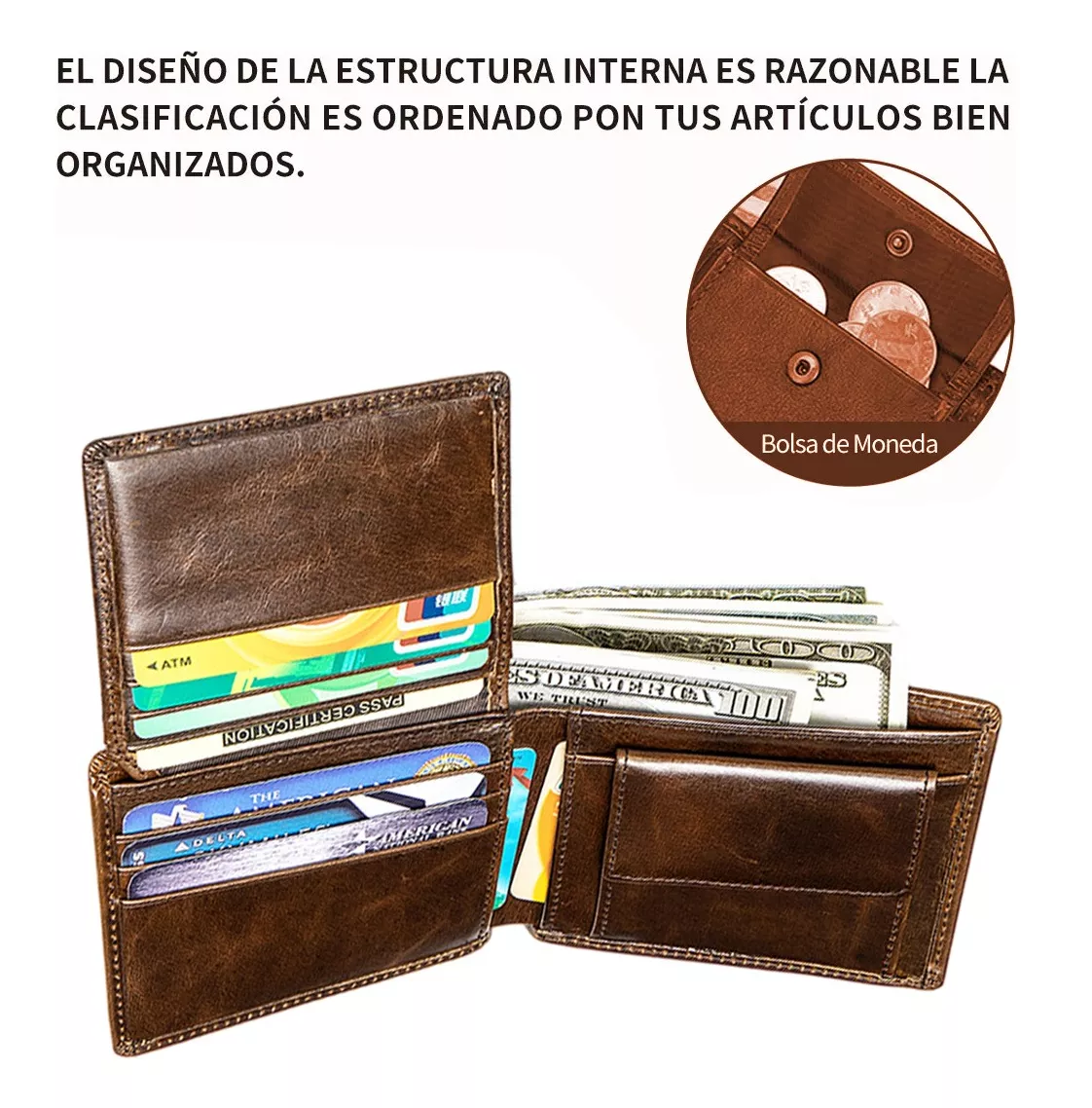 Foto 4 pulgar | Cartera 100% Piel Genuina Billetera Calidad Rfid Tarjetero Belug, Marrón Oscuro