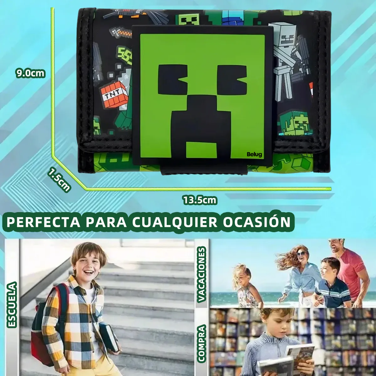 Foto 6 pulgar | Carteras Minecraft Smiggle Niños Belug O Monederos Mujer Y Hombre Negro Verde
