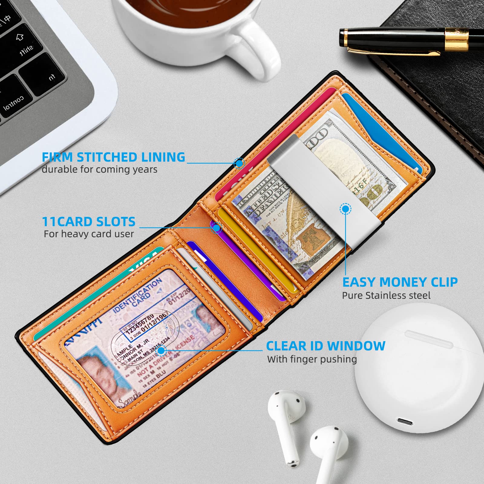 Foto 4 | Billetera Bulliant De Piel Delgada Con Bloqueo Rfid, 11 Tarjetas Para Hombre - Venta Internacional.
