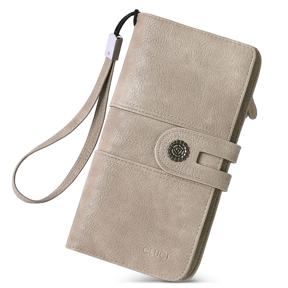 Billetera Cluci Para Mujer, Tarjetero Grande De Piel, Color Gris - Venta Internacional. $1,167