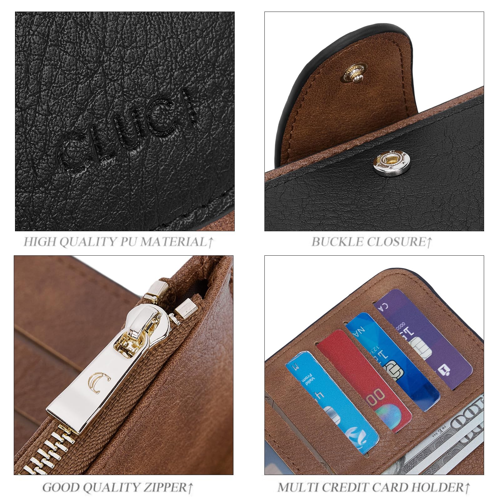 Foto 5 pulgar | Billetera Cluci De Piel Para Mujer Con Bloqueo Rfid, Triple Pliegue, Negro/marrón - Venta Internacional.