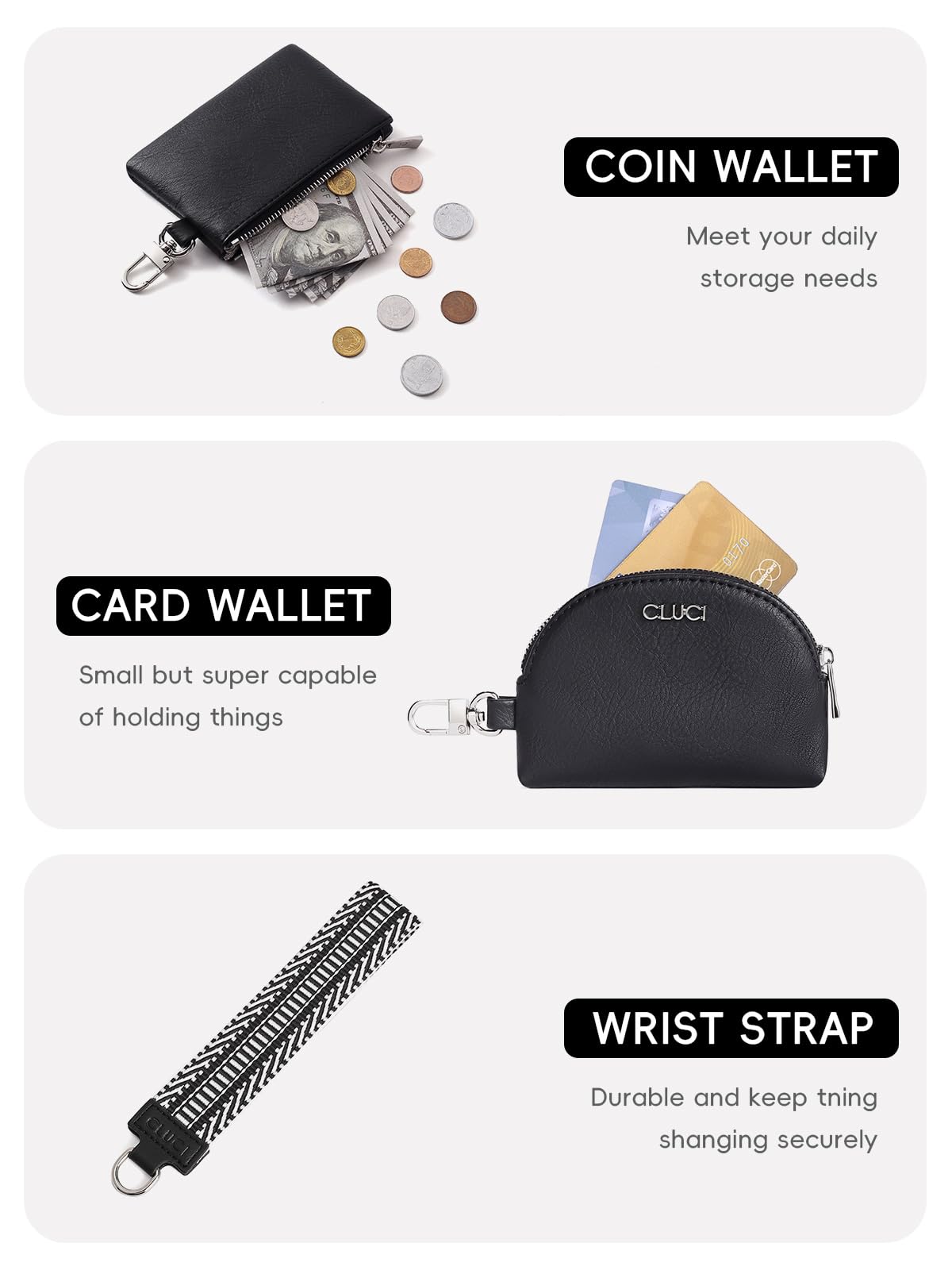 Foto 5 pulgar | Cartera De Pulsera Cluci Con Doble Funda De Piel Desmontable, Color Negro - Venta Internacional.