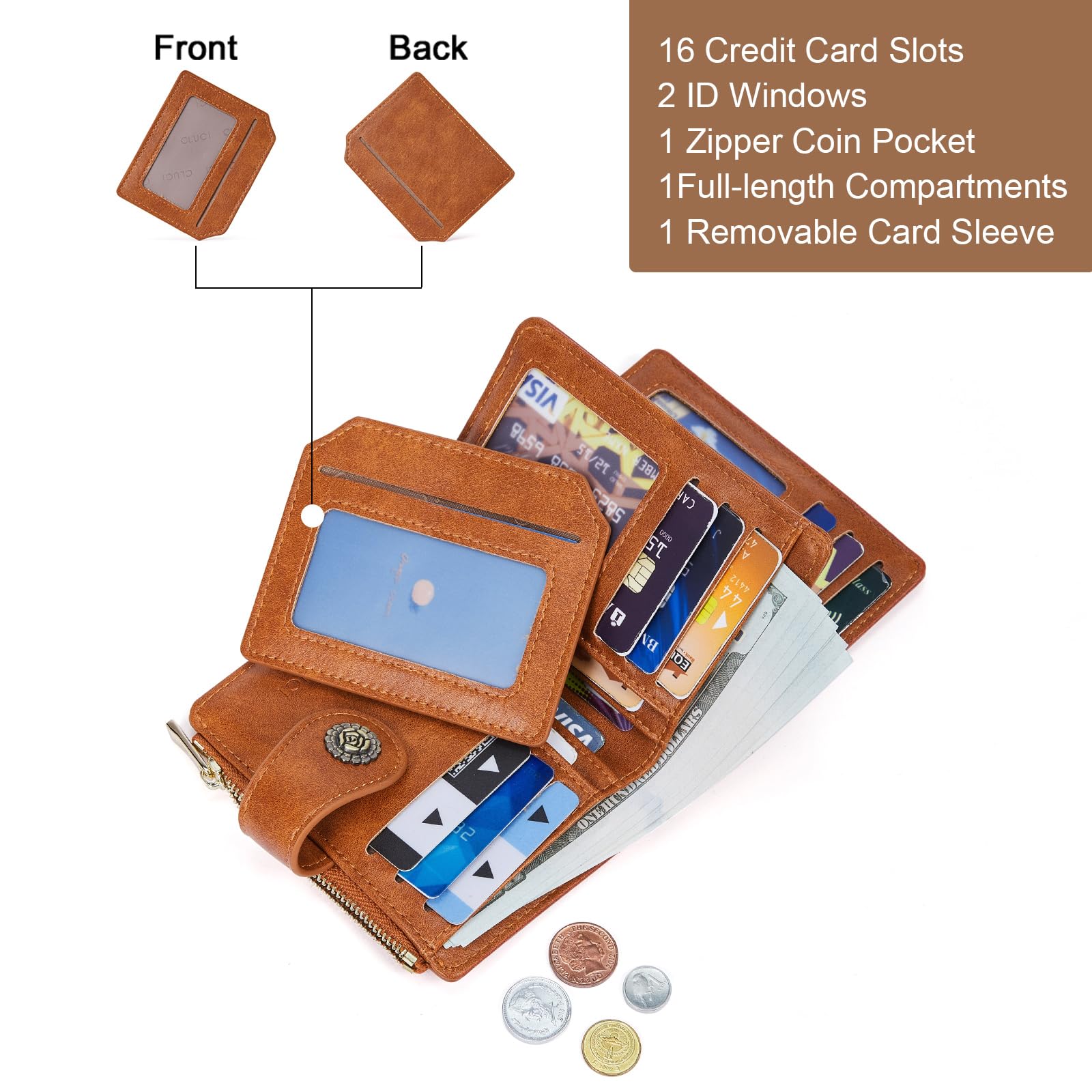 Foto 4 | Cartera Cluci Pequeña De Piel Con Bloqueo Rfid, Triple Pliegue, Marrón - Venta Internacional.