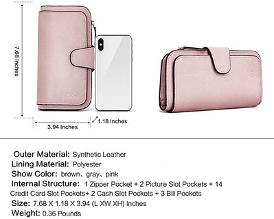 Foto 4 | Billetera Cluci De Piel Para Mujer Con Bloqueo Rfid, Triple Pliegue, Rosa - Venta Internacional.