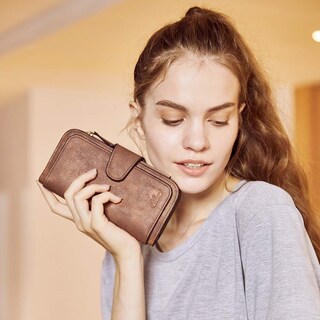Foto 2 | Billetera Cluci De Piel Para Mujer Con Bloqueo Rfid, Triple Pliegue, Gris - Venta Internacional.
