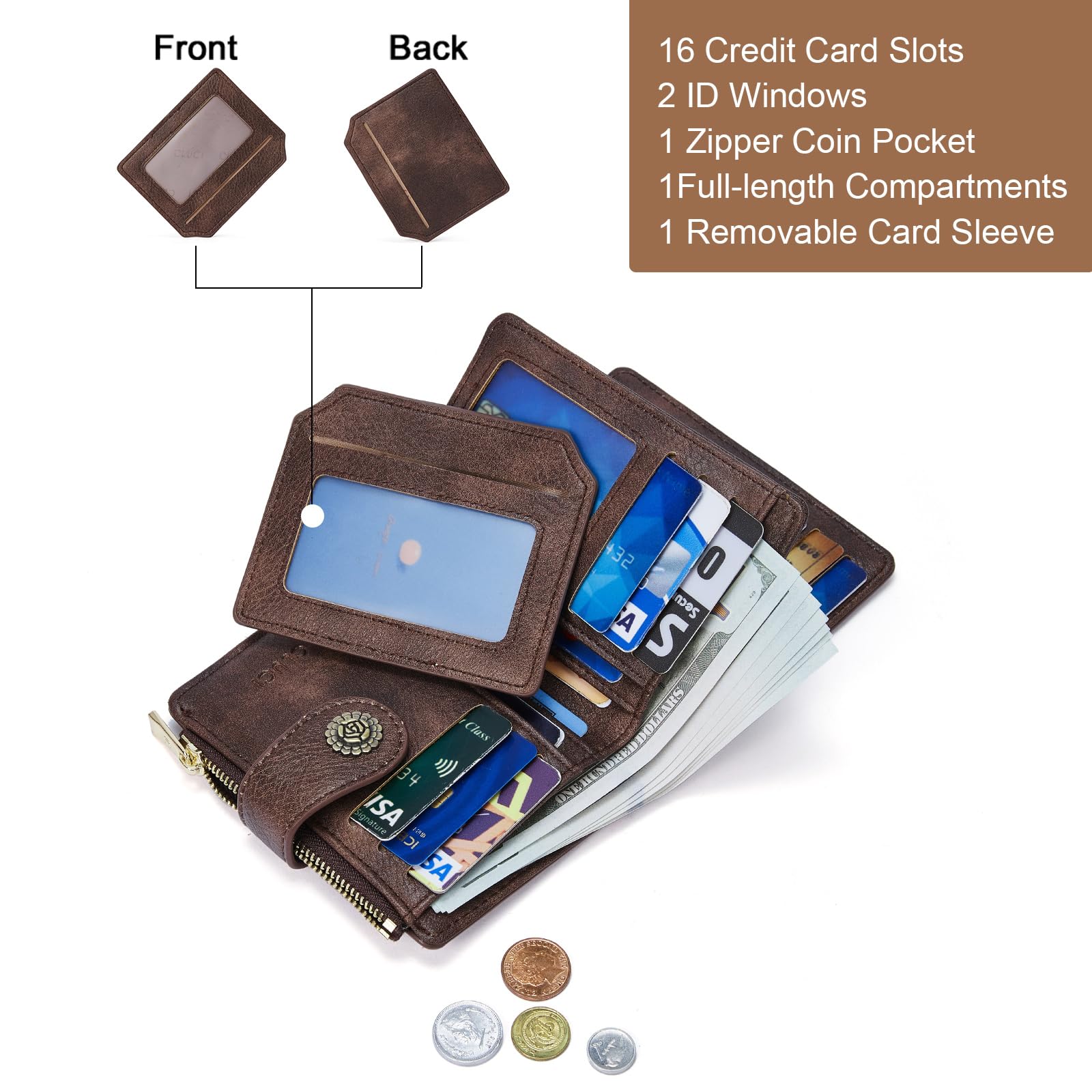 Foto 5 | Cartera Cluci Pequeña Con Bloqueo Rfid De Piel Con Triple Pliegue, Color Café - Venta Internacional.