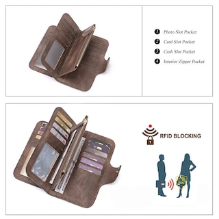 Foto 4 | Billetera Cluci De Piel Para Mujer, Triple Pliegue, Con Bloqueo Rfid, Color Café - Venta Internacional.