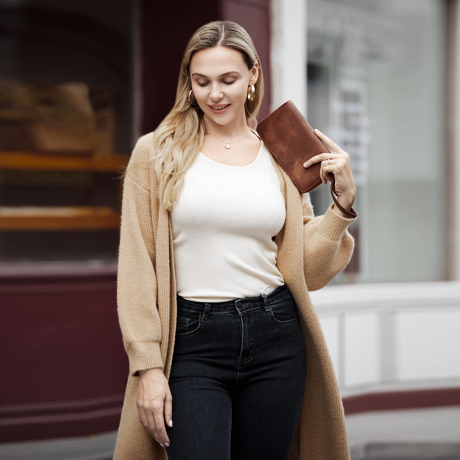 Foto 2 | Cartera Cluci Para Mujer, Grande, De Piel, Con Bloqueo Rfid, Color Marrón - Venta Internacional.