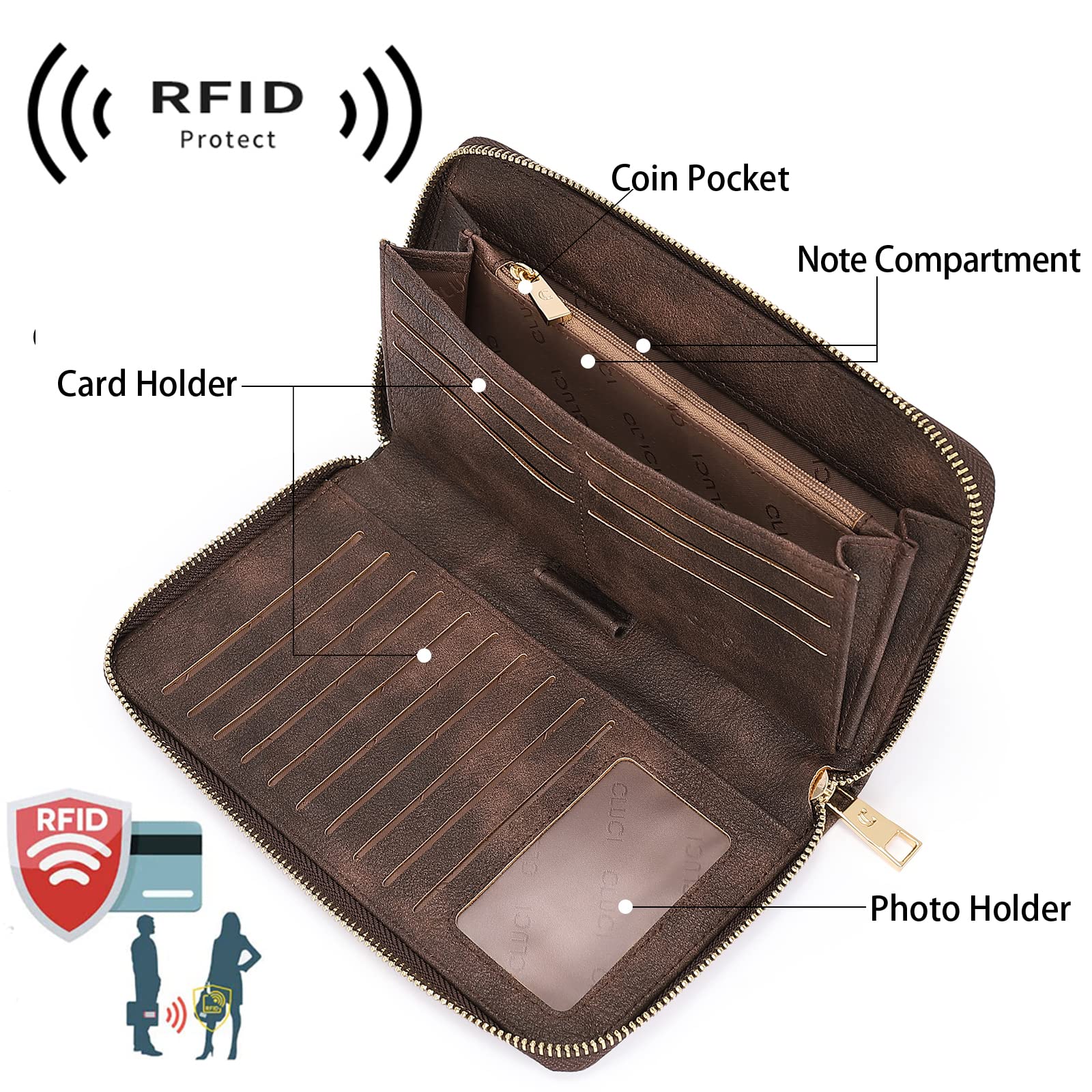Foto 4 pulgar | Cartera Cluci Para Mujer, Grande, De Piel, Con Bloqueo Rfid, Color Café - Venta Internacional.