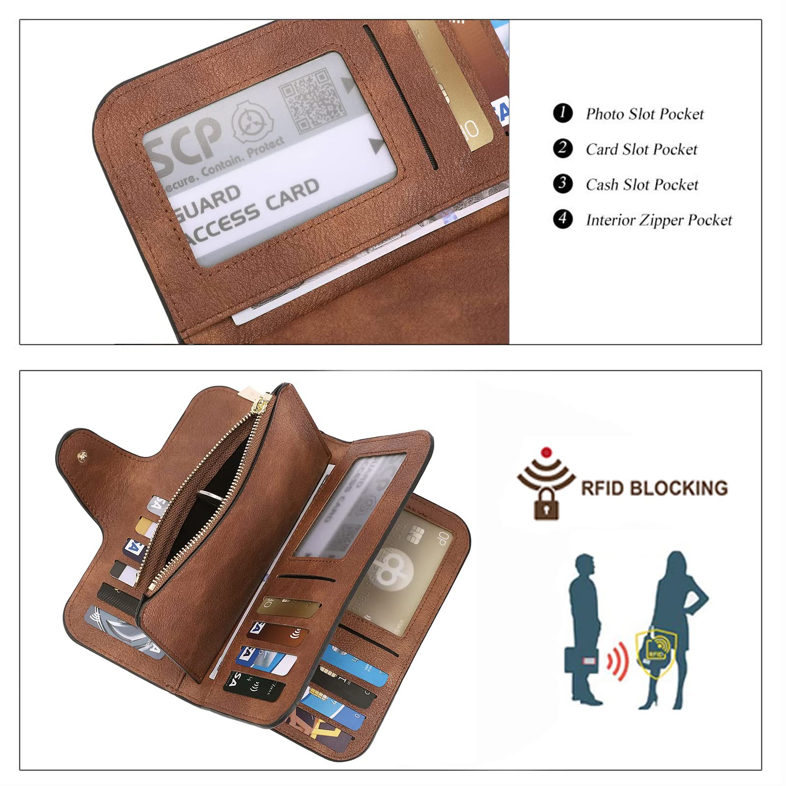 Foto 5 pulgar | Billetera Cluci De Piel Para Mujer Con Bloqueo Rfid, Triple Pliegue, Marrón - Venta Internacional.