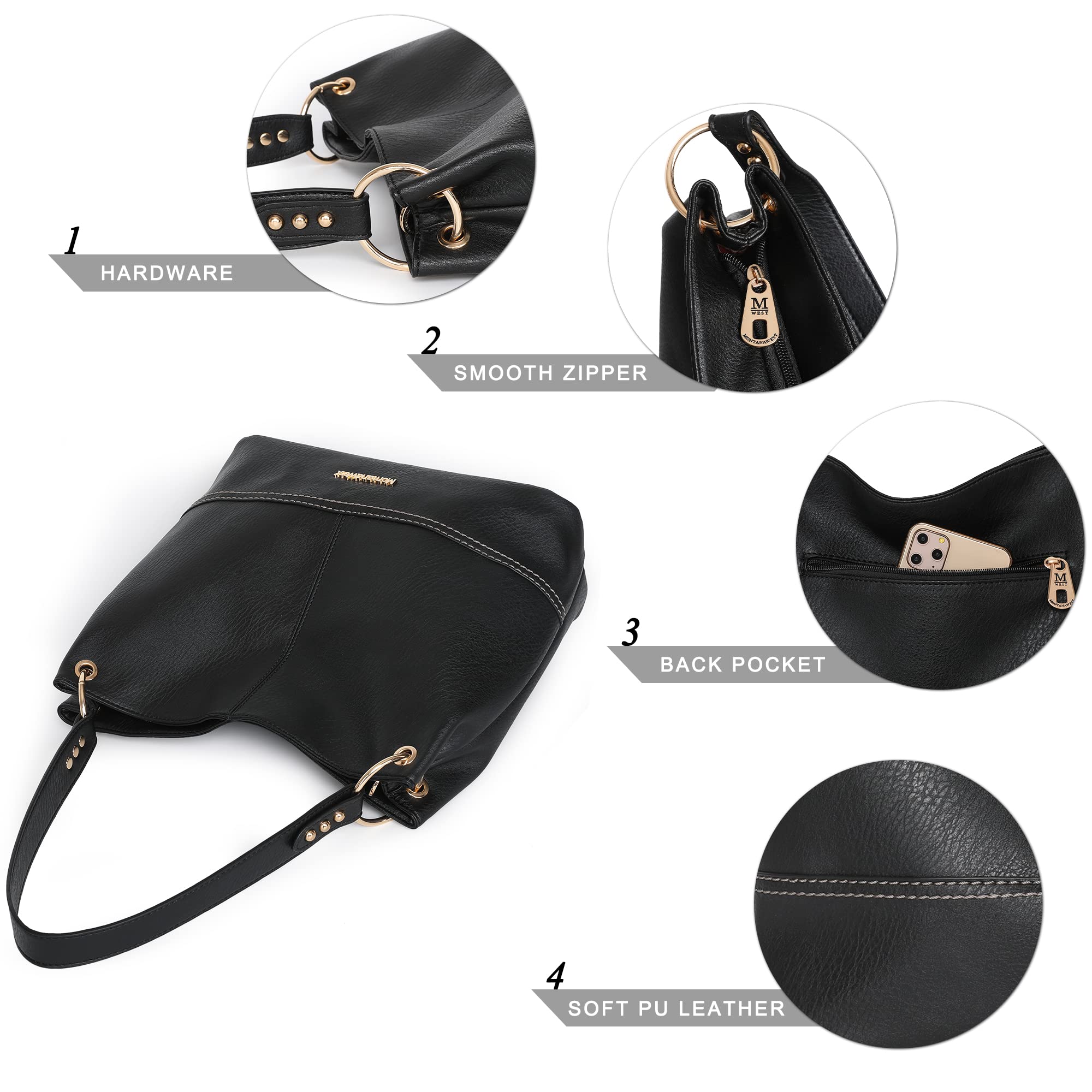 Foto 5 pulgar | Bolso Hobo Montana West De Cuero Negro Para Mujer Mwc-047bk - Venta Internacional.
