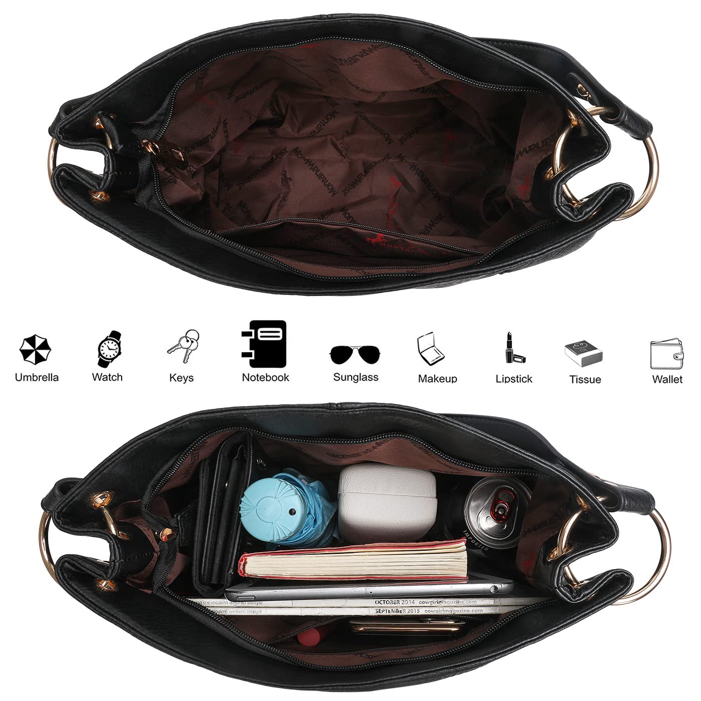 Foto 7 pulgar | Bolso Hobo Montana West De Cuero Negro Para Mujer Mwc-047bk - Venta Internacional.