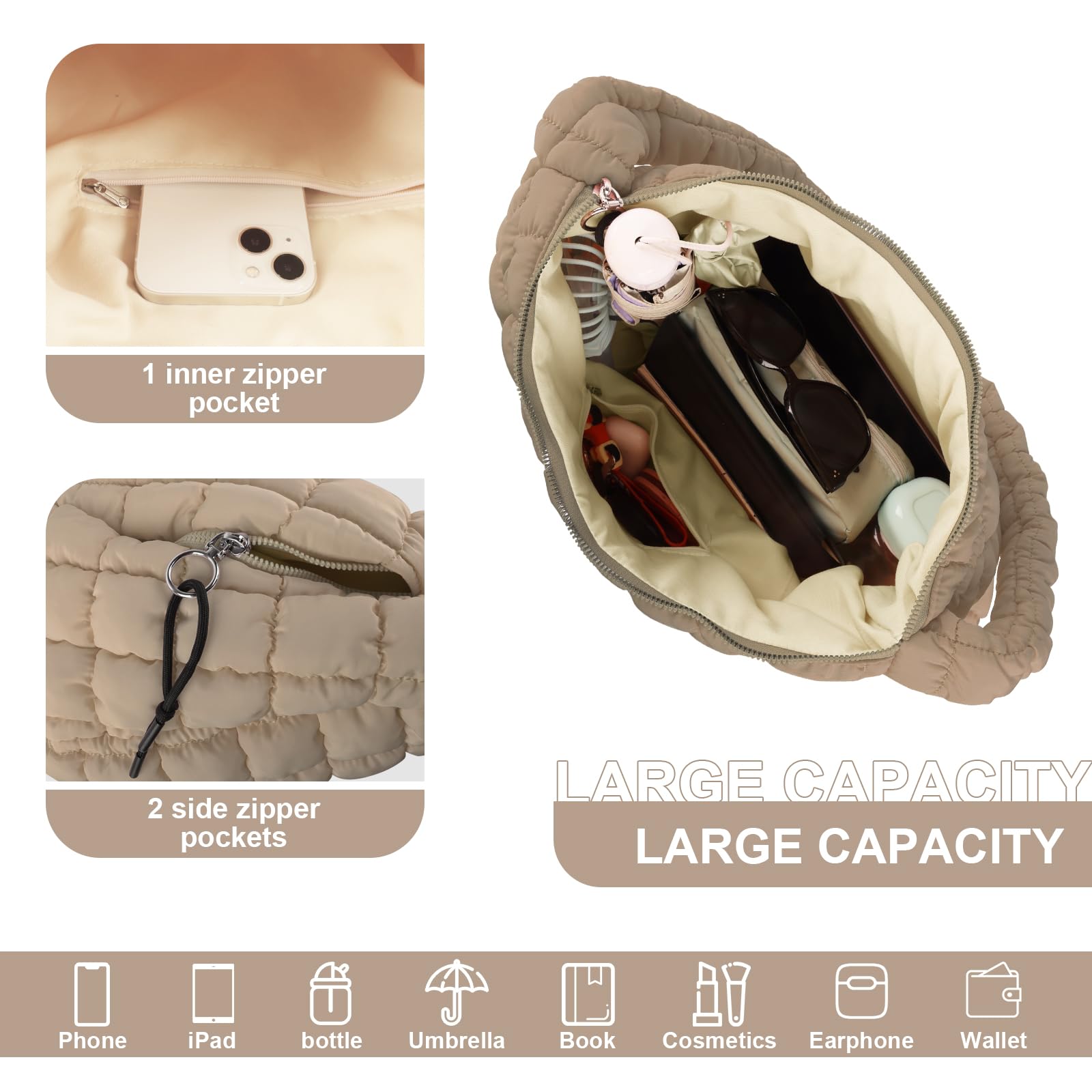 Foto 5 pulgar | Bolsa Acolchada Uixizq Para Mujer, Acolchada, De Nailon, Color Caqui - Venta Internacional.