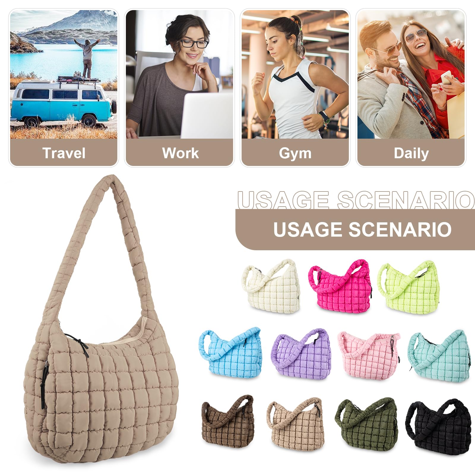Foto 8 pulgar | Bolsa Acolchada Uixizq Para Mujer, Acolchada, De Nailon, Color Caqui - Venta Internacional.