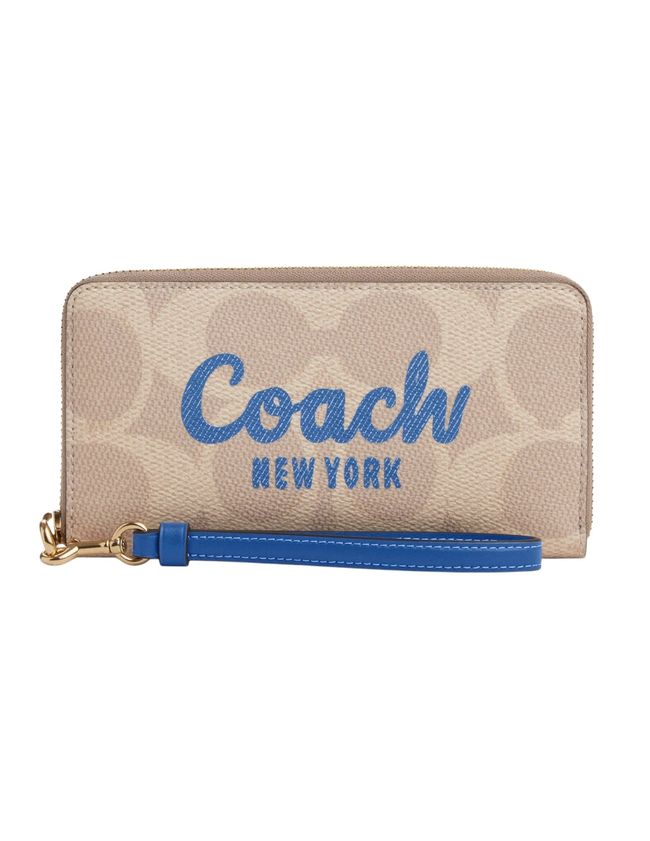 Foto 2 pulgar | Cartera Coach Beige Con Logo Azul Y Cremallera Dorada