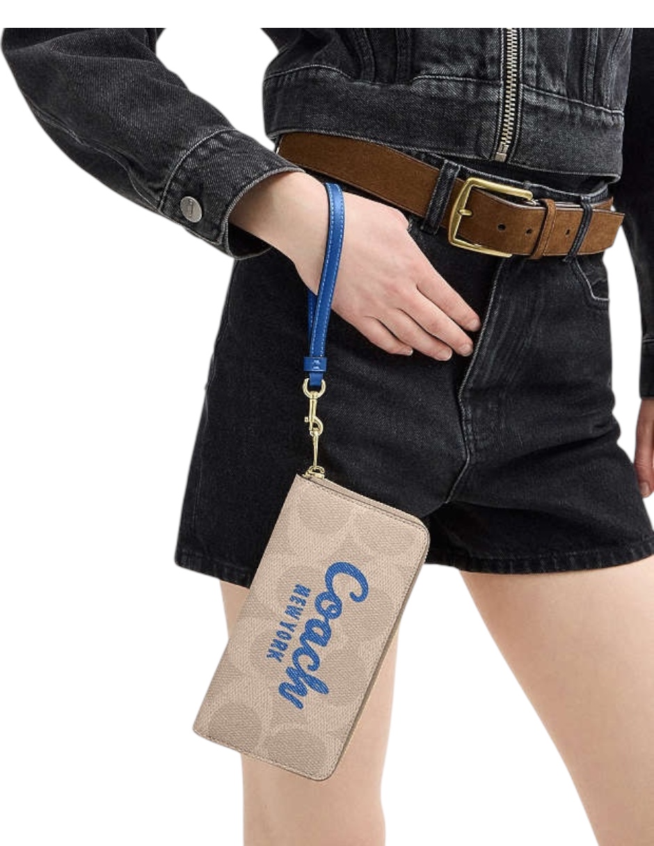 Foto 4 pulgar | Cartera Coach Beige Con Logo Azul Y Cremallera Dorada