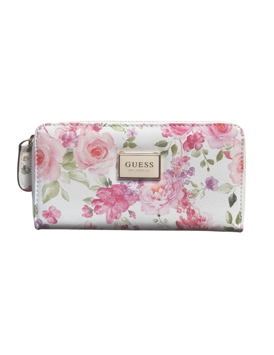 Cartera Guess Blanco con Flores y Cremallera Dorada