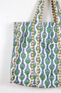 Foto 3 | Bolso Acolchado De Algodón Estampado A Mano Reversible Con Estampado Floral Verde - Venta Internacional.