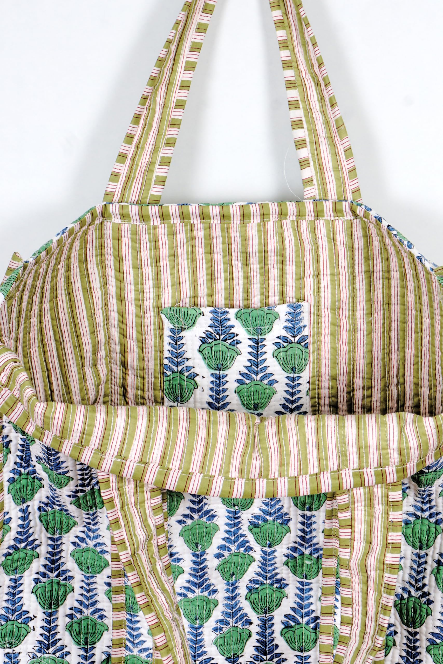 Foto 7 | Bolso Acolchado De Algodón Estampado A Mano Reversible Con Estampado Floral Verde - Venta Internacional.