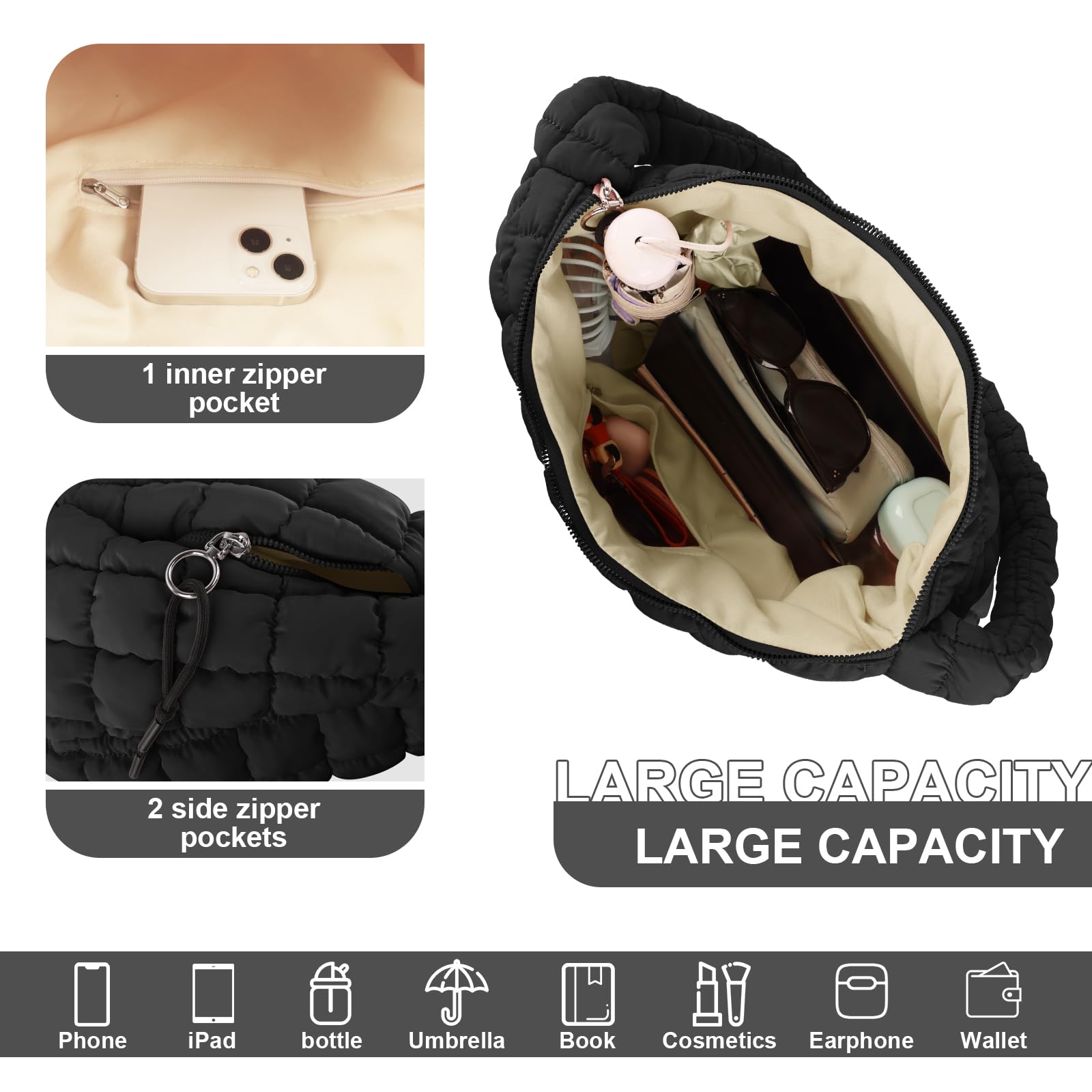 Foto 5 pulgar | Bolsa Acolchada Uixizq Para Mujer, Acolchada, De Nailon, Color Negro - Venta Internacional.