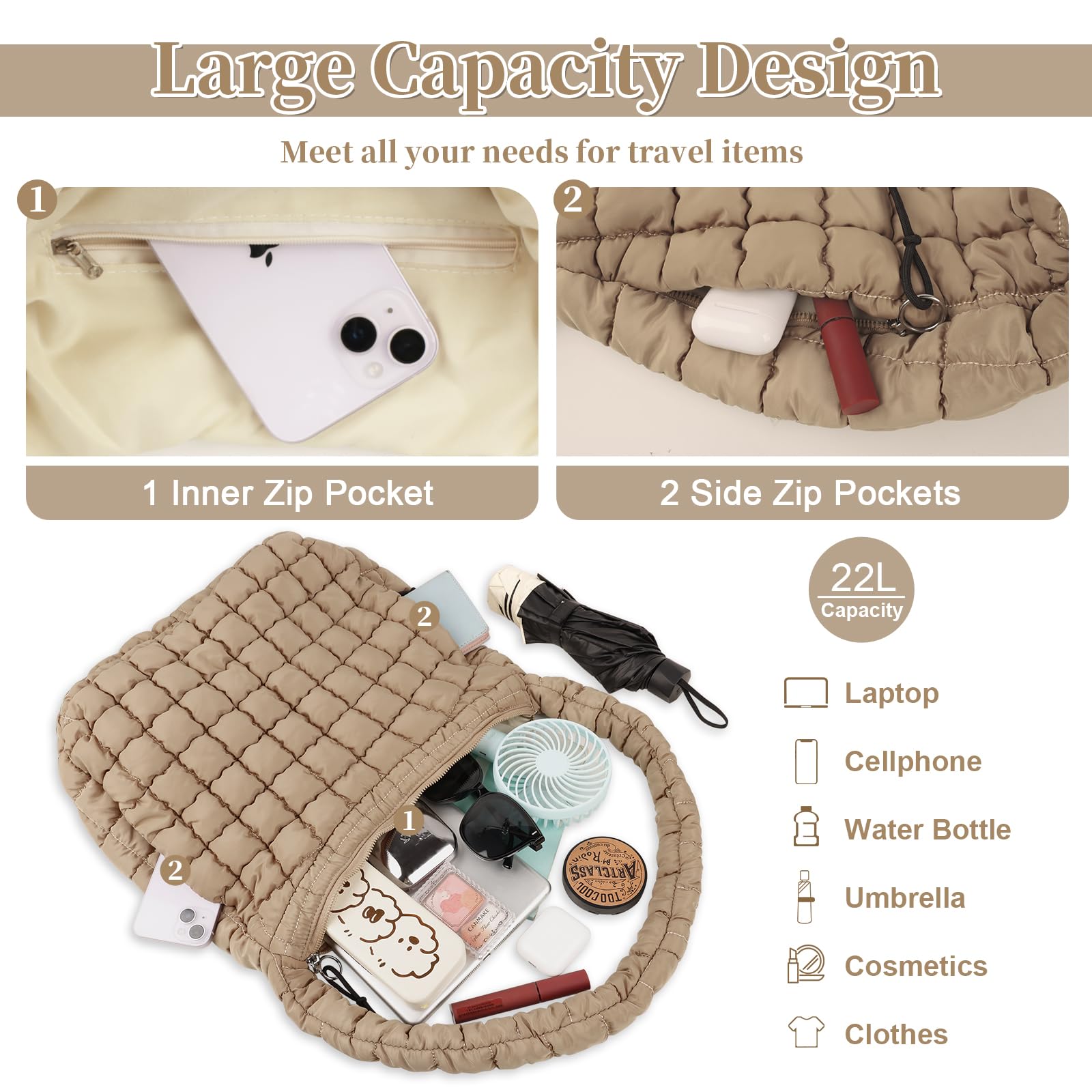 Foto 5 pulgar | Bolso De Mano Izuzta, Acolchado, Grande, De Nailon Hinchado, Para Mujer - Venta Internacional.
