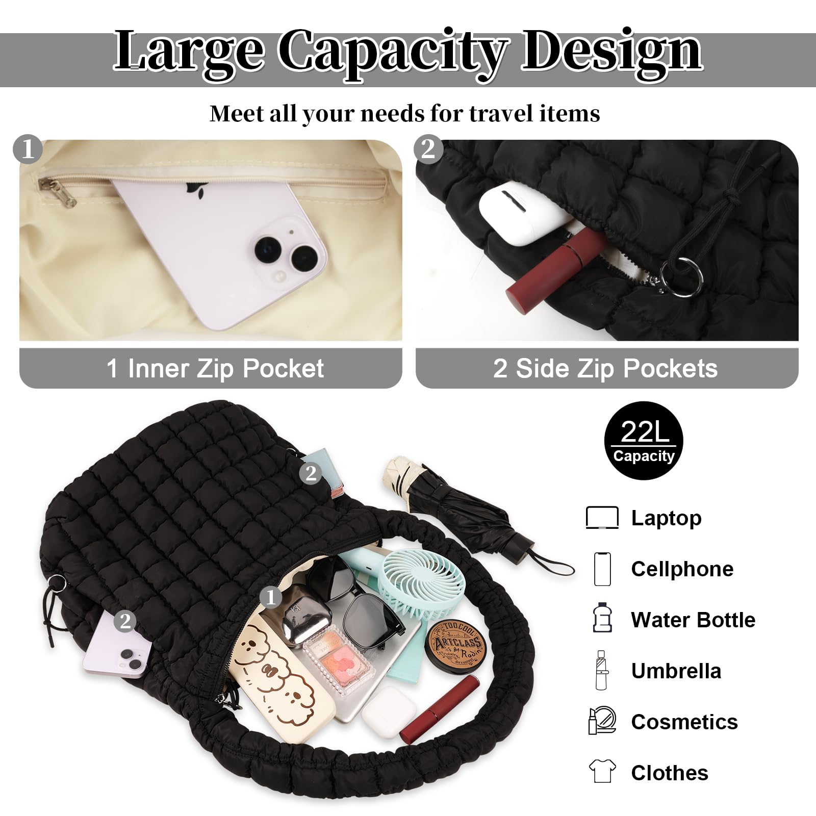 Foto 5 pulgar | Bolsa Izuzta, Acolchada, Grande, Acolchada, Ligera, De Nailon Negro - Venta Internacional.