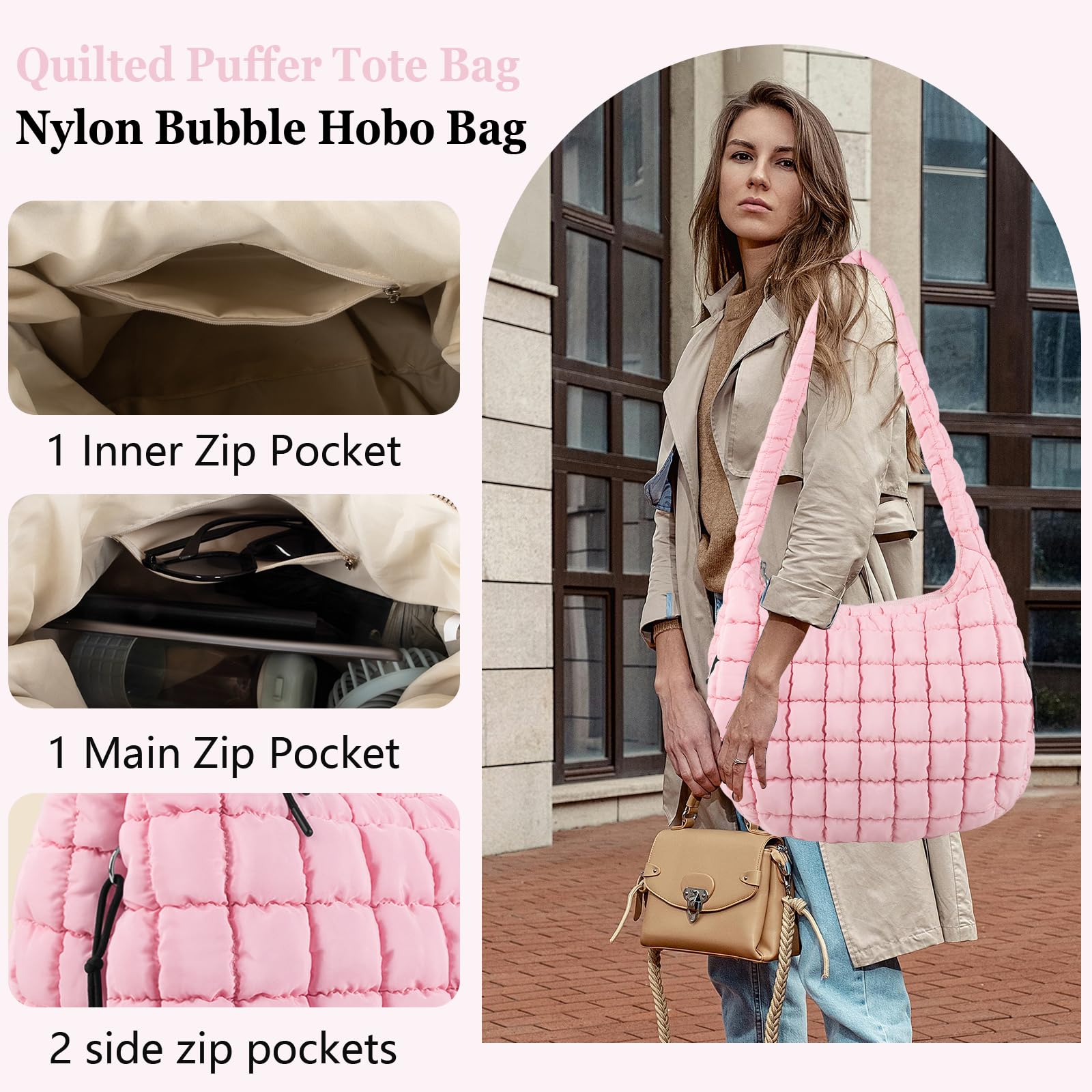Foto 4 | Bandolera Iqimott, Acolchada, Acolchada, De Nailon, Color Rosa Burbuja - Venta Internacional.