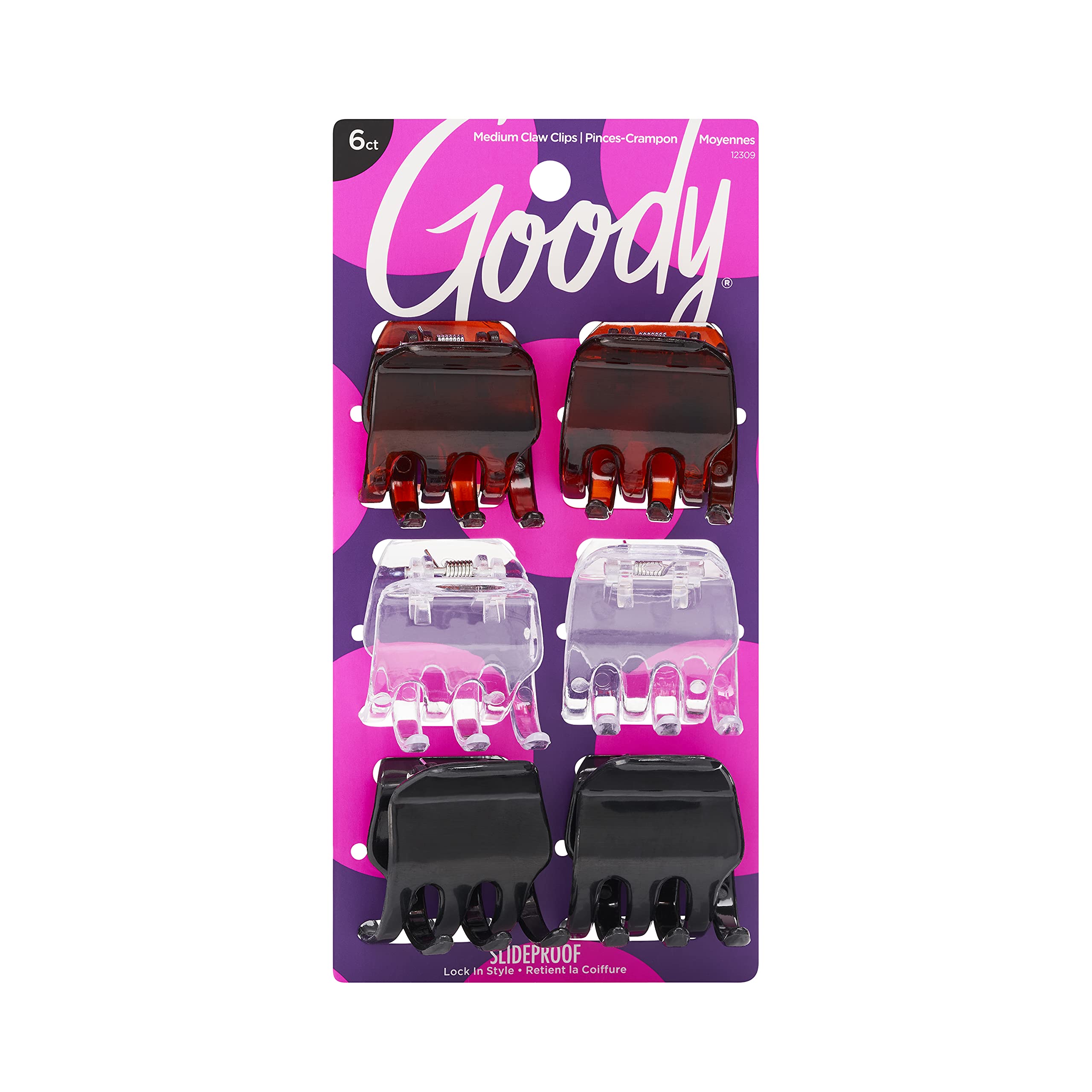 Pinzas Para El Cabello Goody Classic Claw, 6 Unidades, Transparentes, Marrones Y Negras - Venta Internacional.