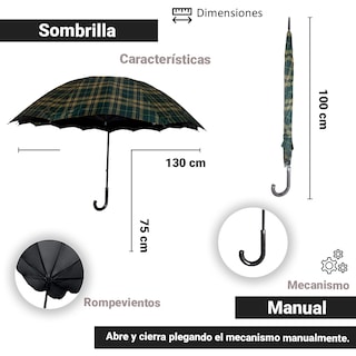 Foto 2 | Paraguas Sombrilla De Bastón Escocésa Rompevientos Importadora La Merced Verde Resistente