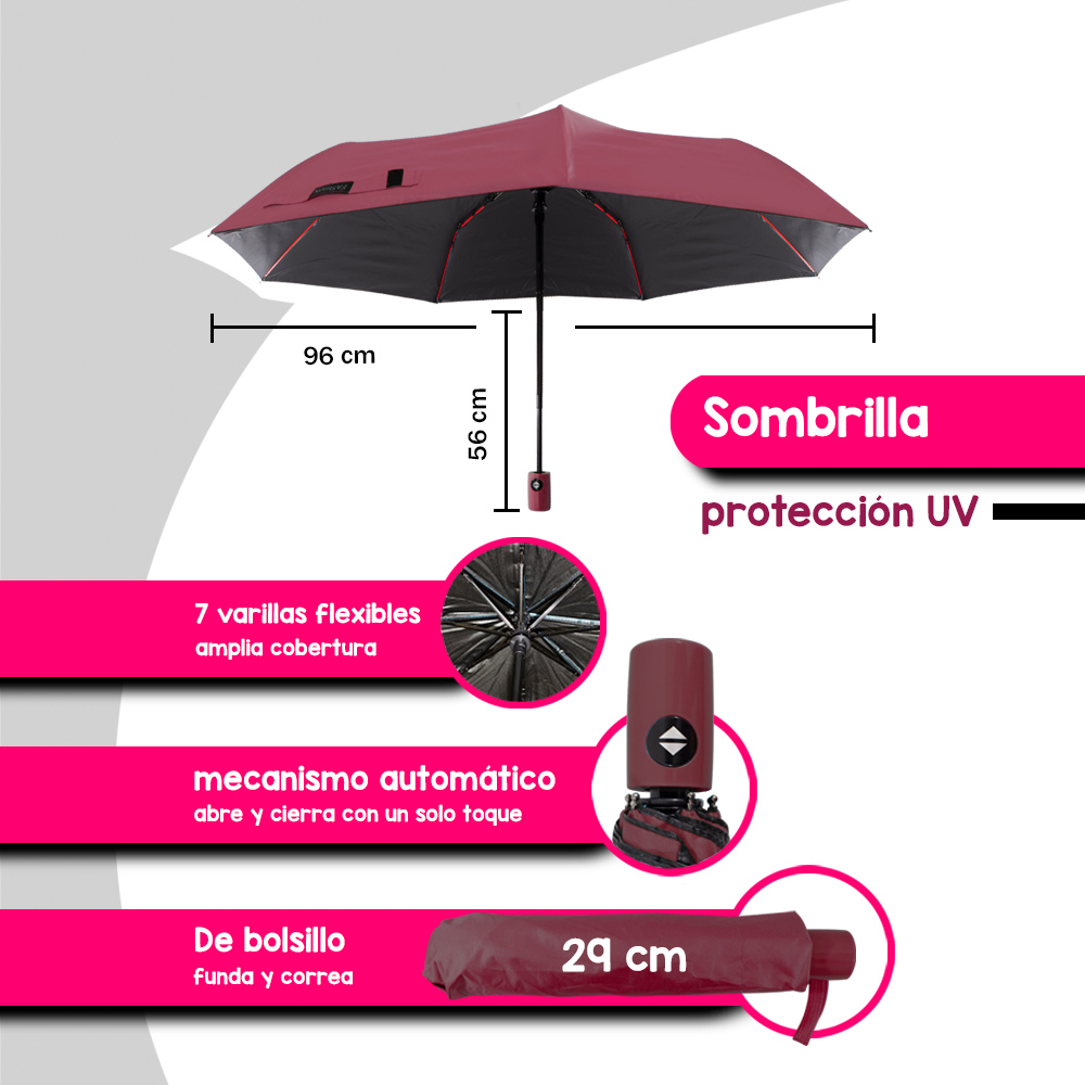 Foto 2 | Paraguas Sombrilla De Bolsillo Liso Vino Automático Importadora La Merced