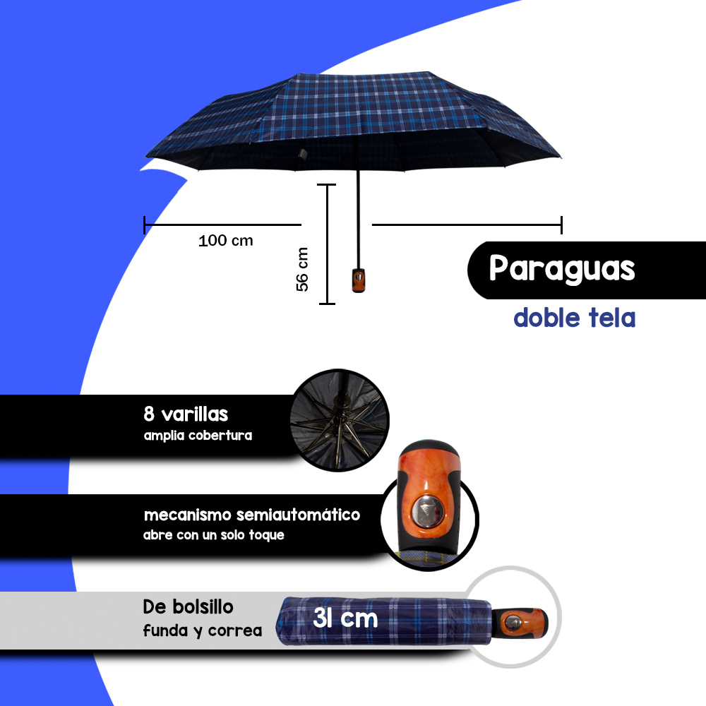 Foto 3 pulgar | Paraguas Sombrilla Importadora La Merced Semiautomática Escocesa Azul Cuatro Doble Tela