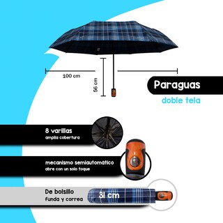 Foto 2 | Paraguas Sombrilla Importadora La Merced Semiautomática Escocesa Azul Tres Doble Tela
