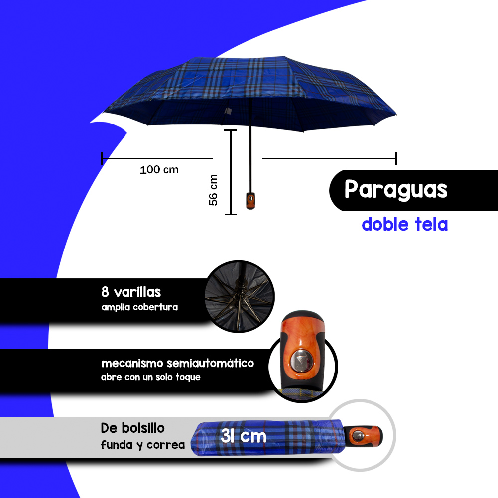 Foto 2 | Paraguas Sombrilla Importadora La Merced Semiautomática Escocesa Azul Siete Doble Tela