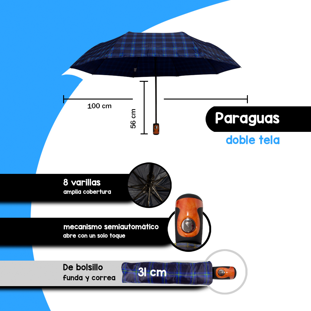 Foto 3 pulgar | Paraguas Sombrilla Importadora La Merced Semiautomática Escocesa Azul Dos Doble Tela