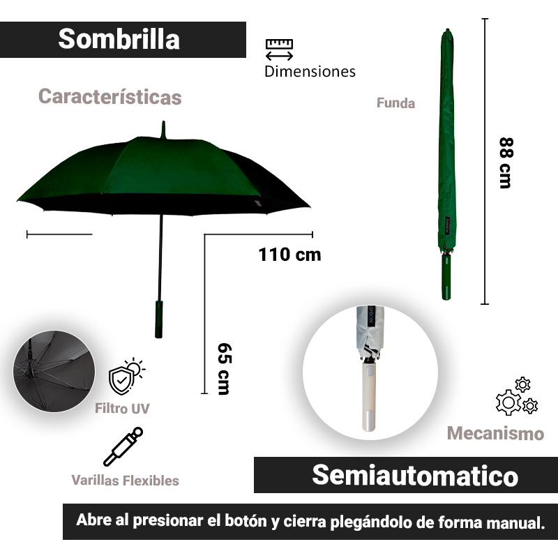 Foto 3 | Paraguas Sombrilla Importadora La Merced Semiautomático Liso Resistente con Filtro UV color Verde