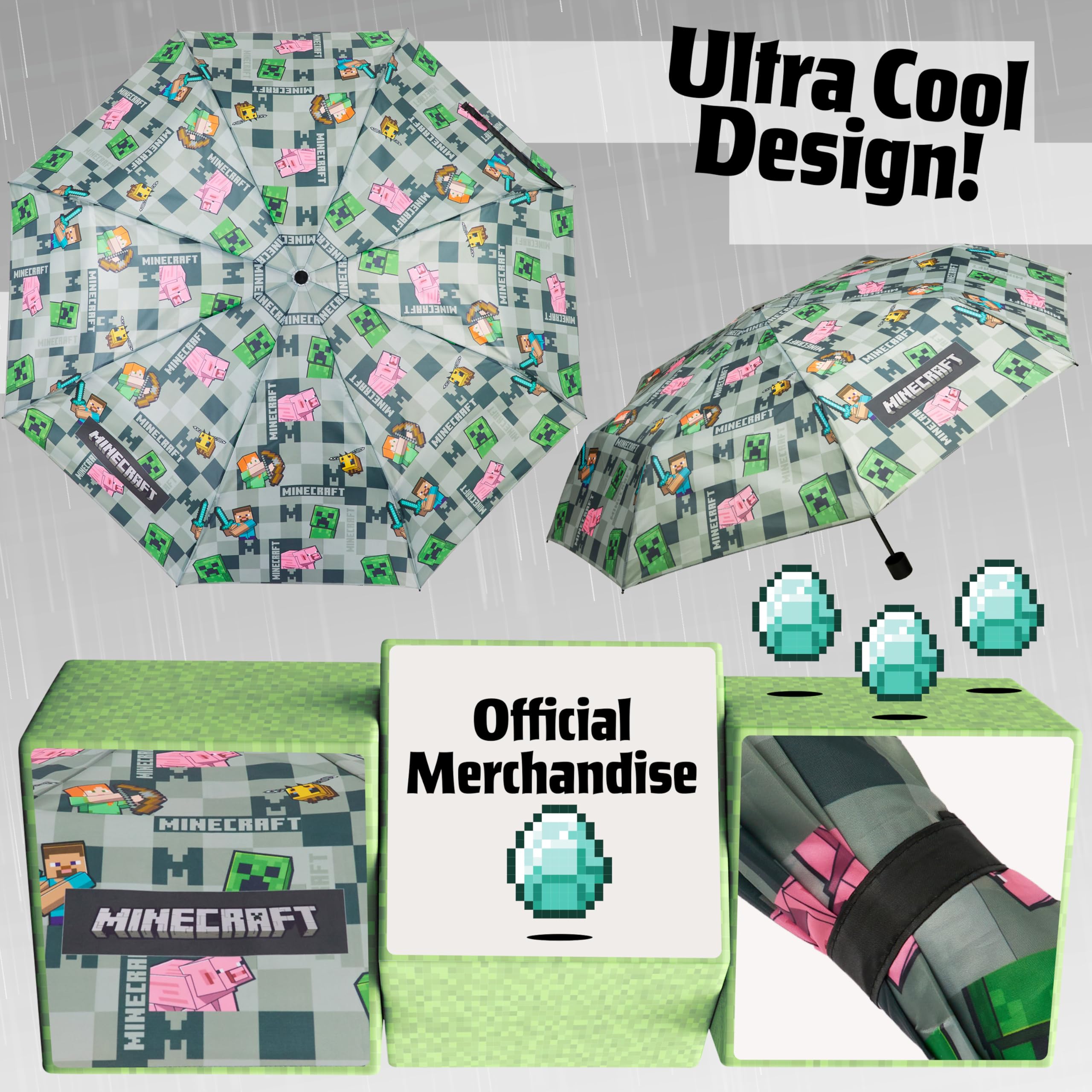 Foto 5 pulgar | Paraguas Minecraft Para Niños, Plegable, Duradero, Resistente Al Viento, Gris - Venta Internacional.