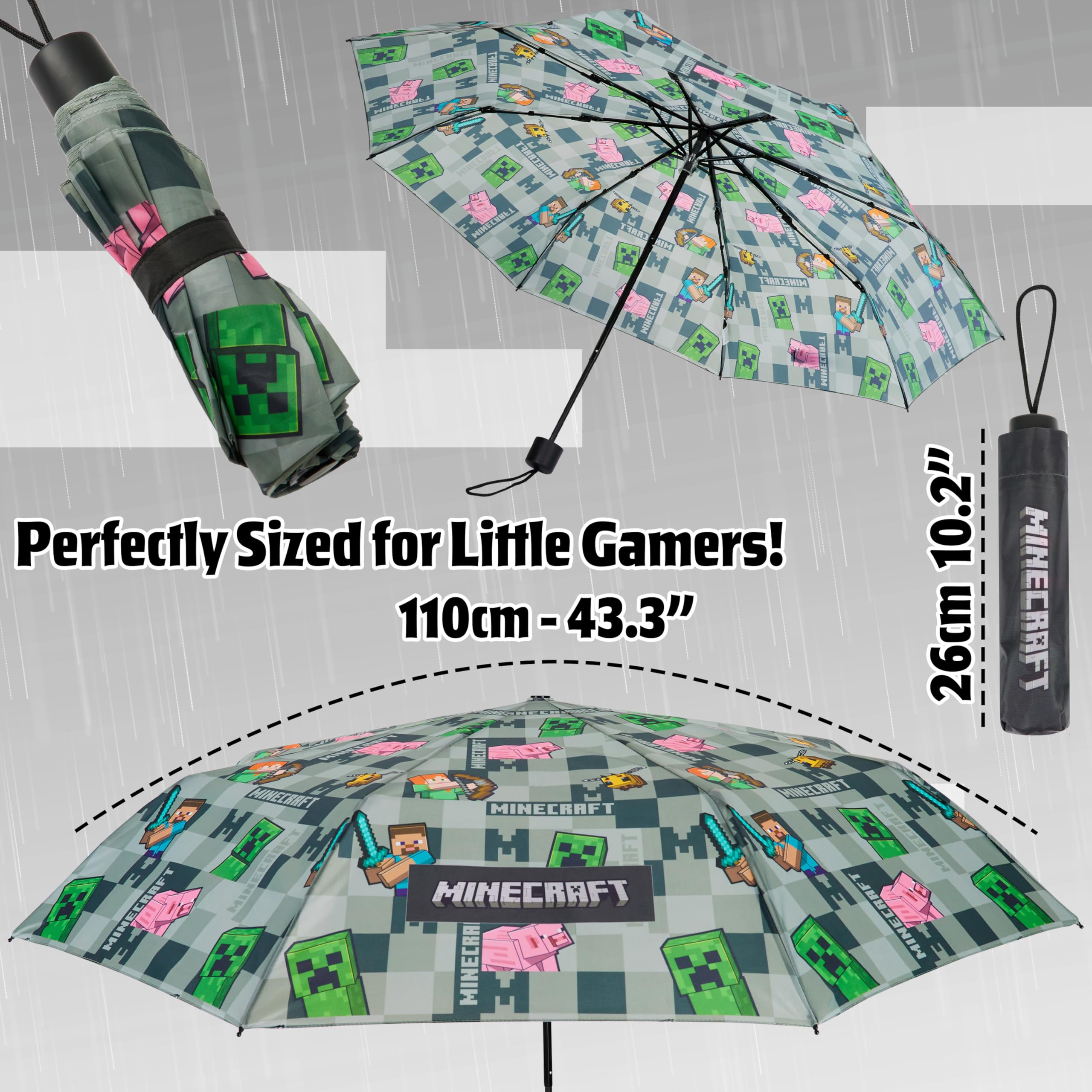 Foto 6 | Paraguas Minecraft Para Niños, Plegable, Duradero, Resistente Al Viento, Gris - Venta Internacional.