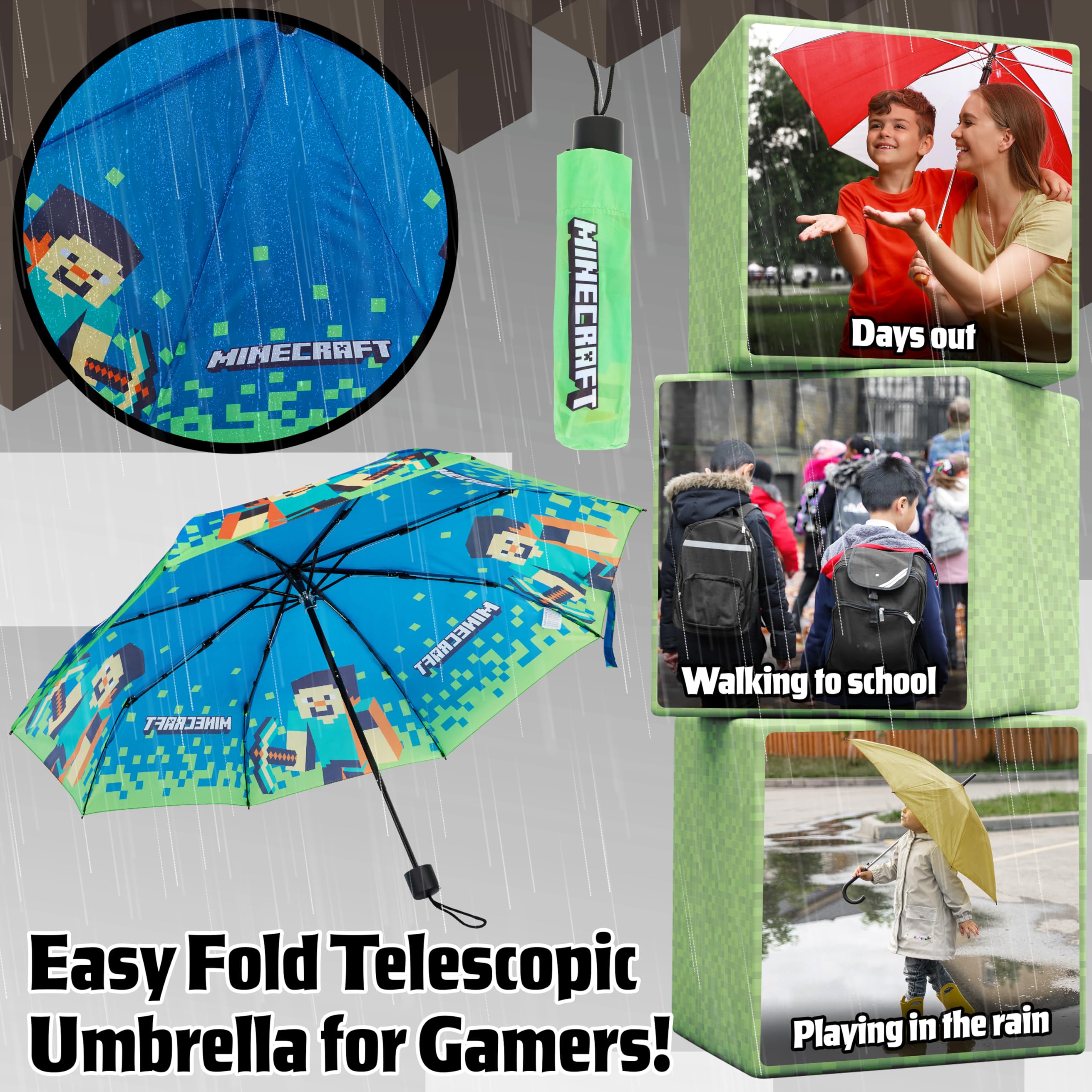 Foto 3 | Paraguas Minecraft Para Niños Plegable, Duradero Y Compacto, Azul/verde - Venta Internacional.