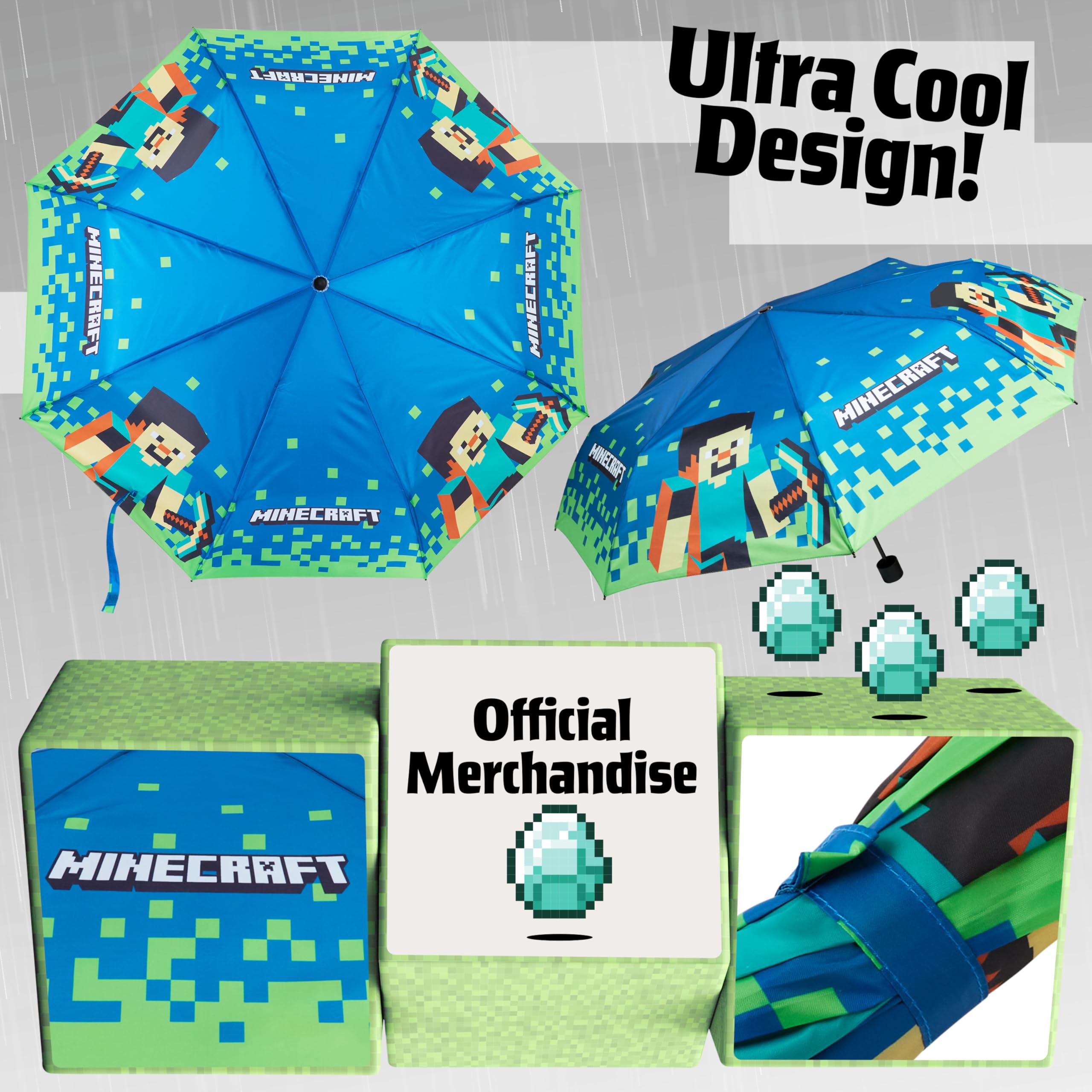 Foto 5 pulgar | Paraguas Minecraft Para Niños Plegable, Duradero Y Compacto, Azul/verde - Venta Internacional.