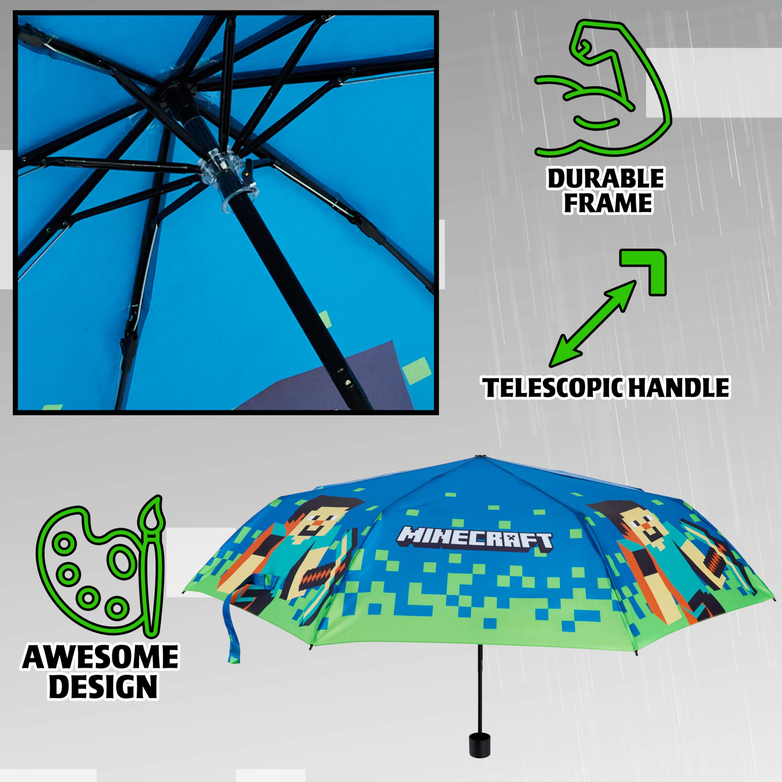 Foto 6 pulgar | Paraguas Minecraft Para Niños Plegable, Duradero Y Compacto, Azul/verde - Venta Internacional.