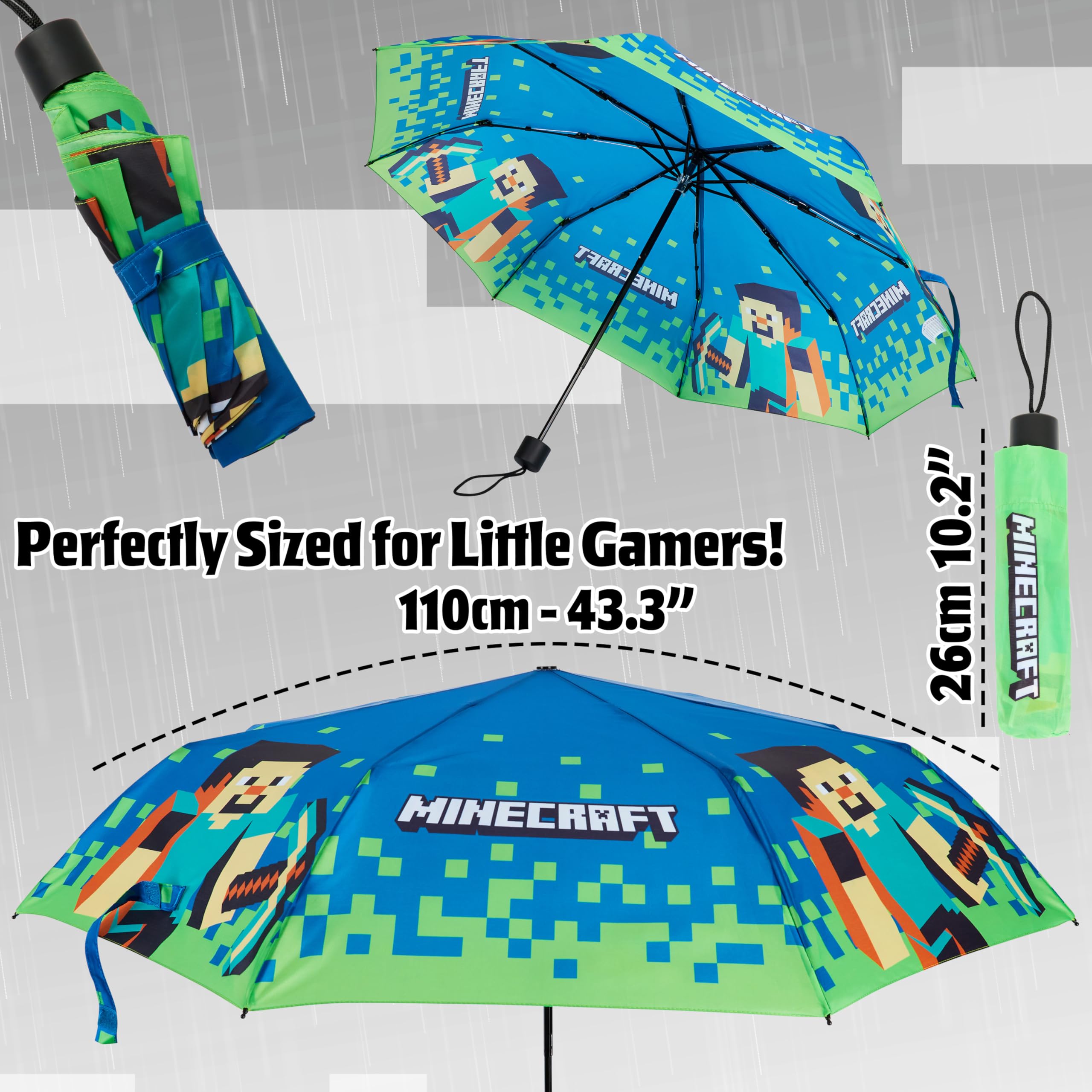 Foto 7 pulgar | Paraguas Minecraft Para Niños Plegable, Duradero Y Compacto, Azul/verde - Venta Internacional.