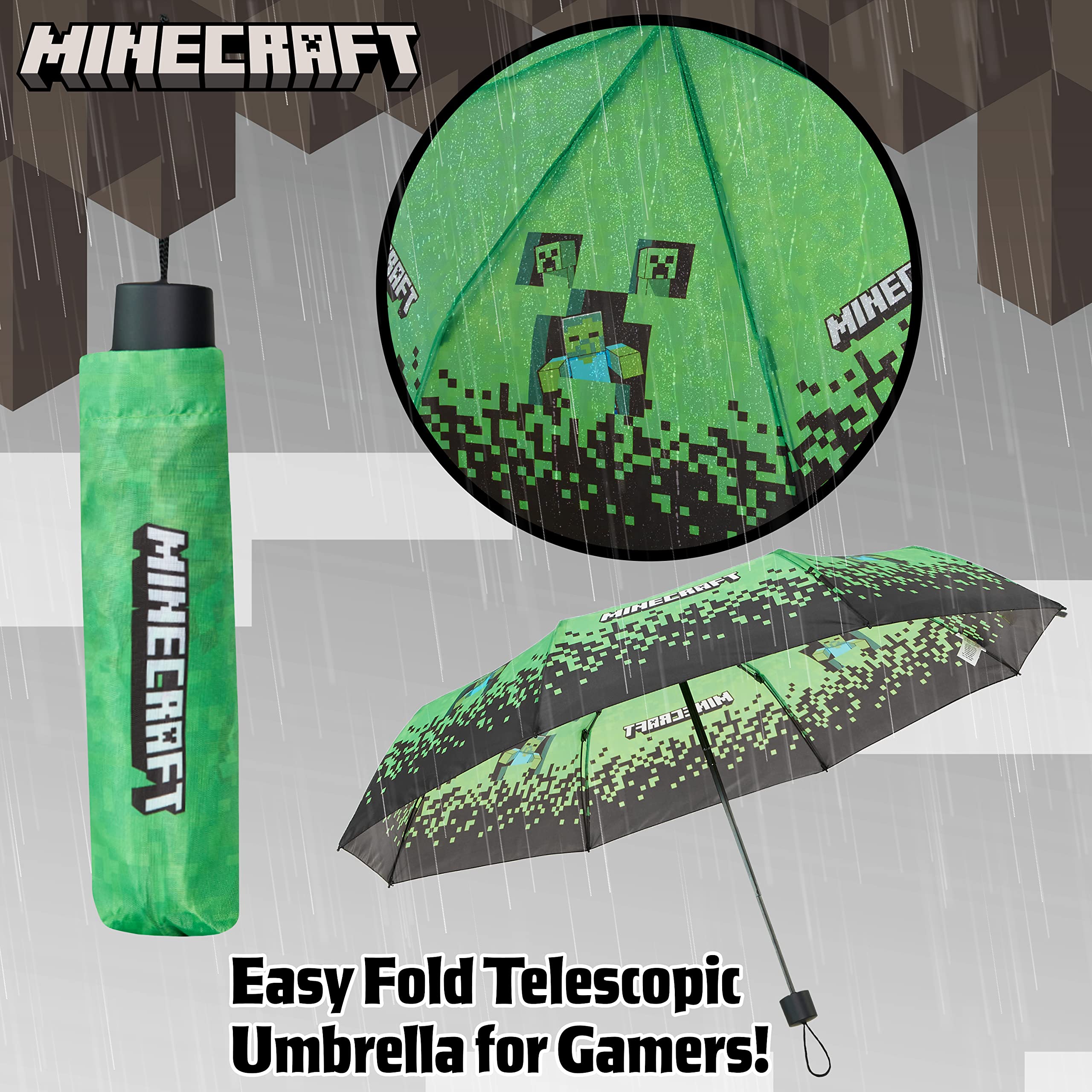 Foto 2 | Paraguas Minecraft Kids Con Forma De Cúpula Transparente Plegable, Color Negro Y Verde - Venta Internacional.