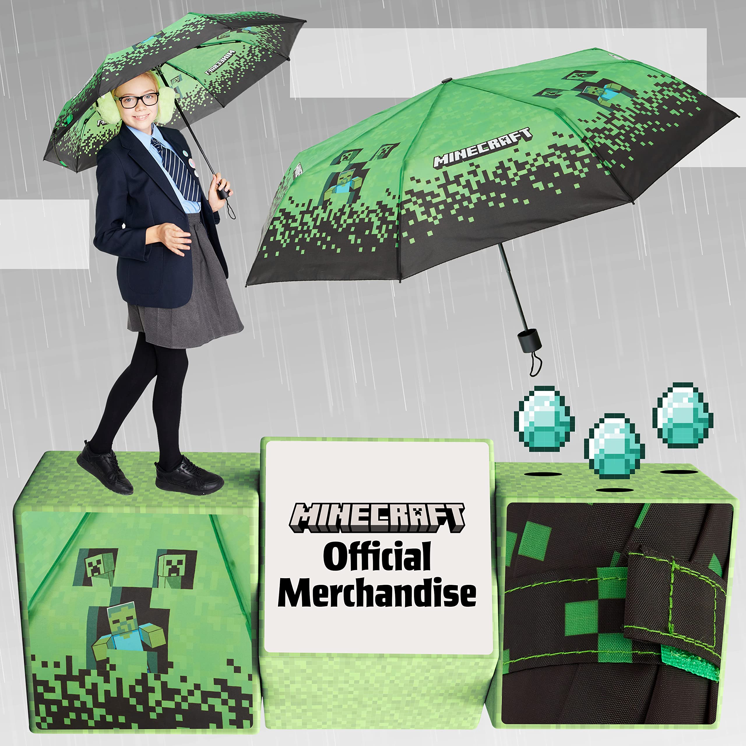 Foto 4 pulgar | Paraguas Minecraft Kids Con Forma De Cúpula Transparente Plegable, Color Negro Y Verde - Venta Internacional.