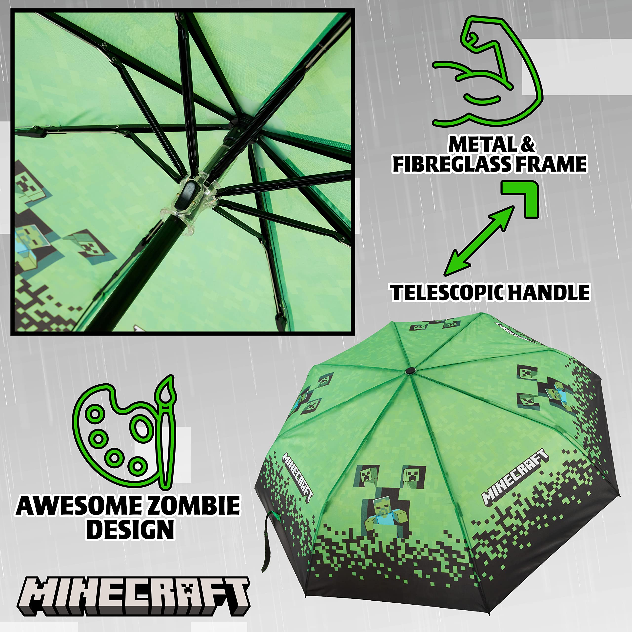 Foto 5 pulgar | Paraguas Minecraft Kids Con Forma De Cúpula Transparente Plegable, Color Negro Y Verde - Venta Internacional.