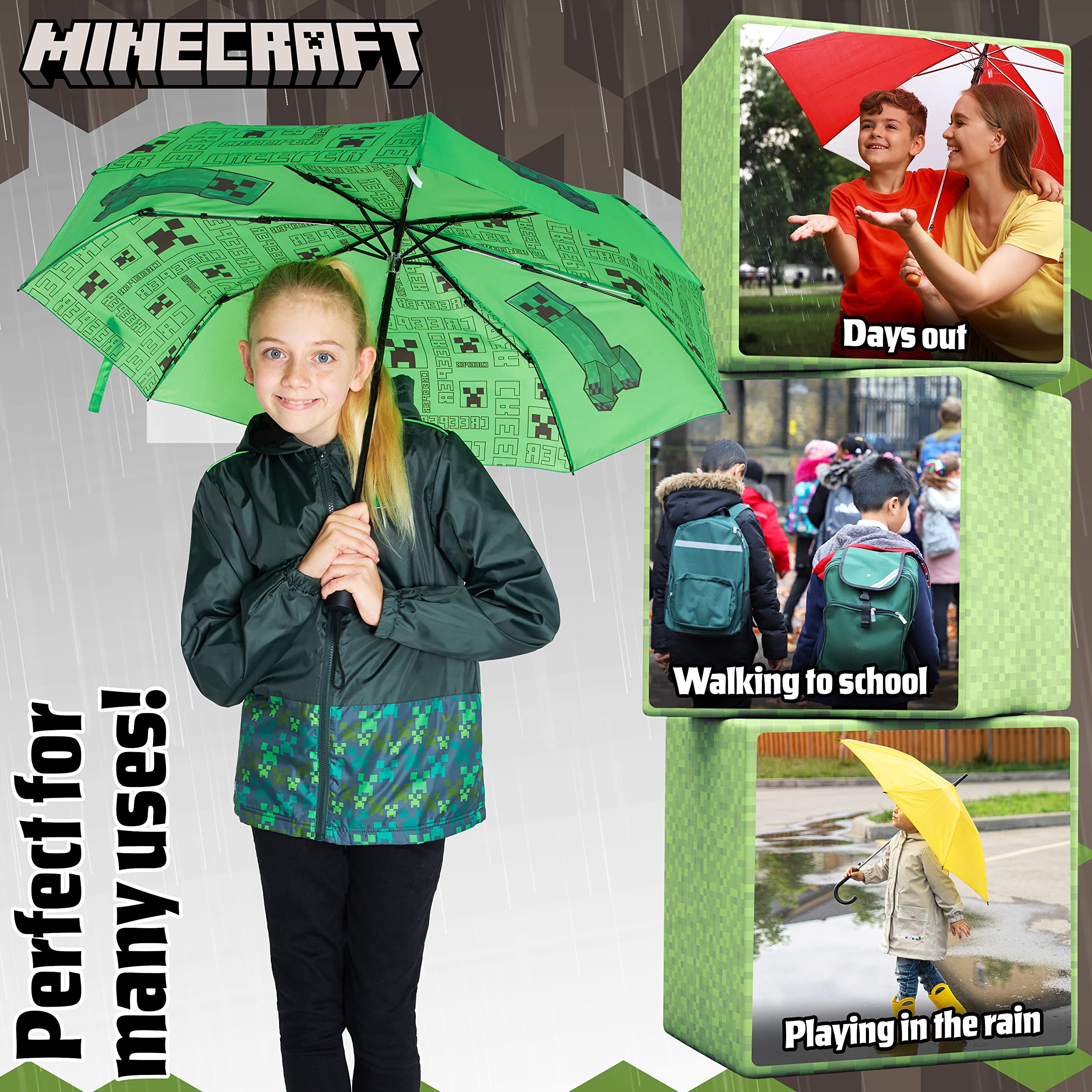 Foto 3 pulgar | Paraguas Minecraft Kids Con Forma De Cúpula Transparente, Color Verde - Venta Internacional.