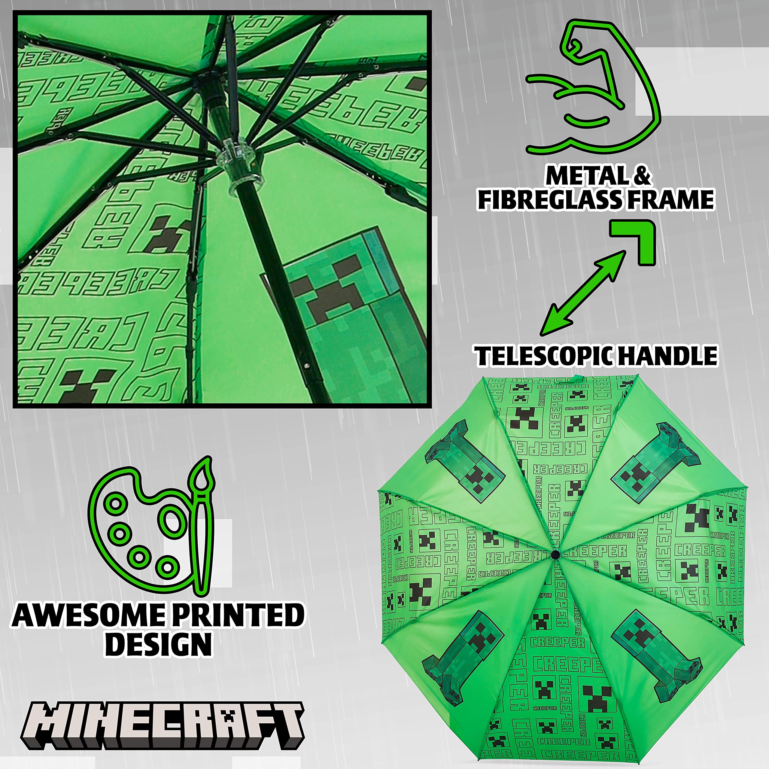 Foto 6 pulgar | Paraguas Minecraft Kids Con Forma De Cúpula Transparente, Color Verde - Venta Internacional.