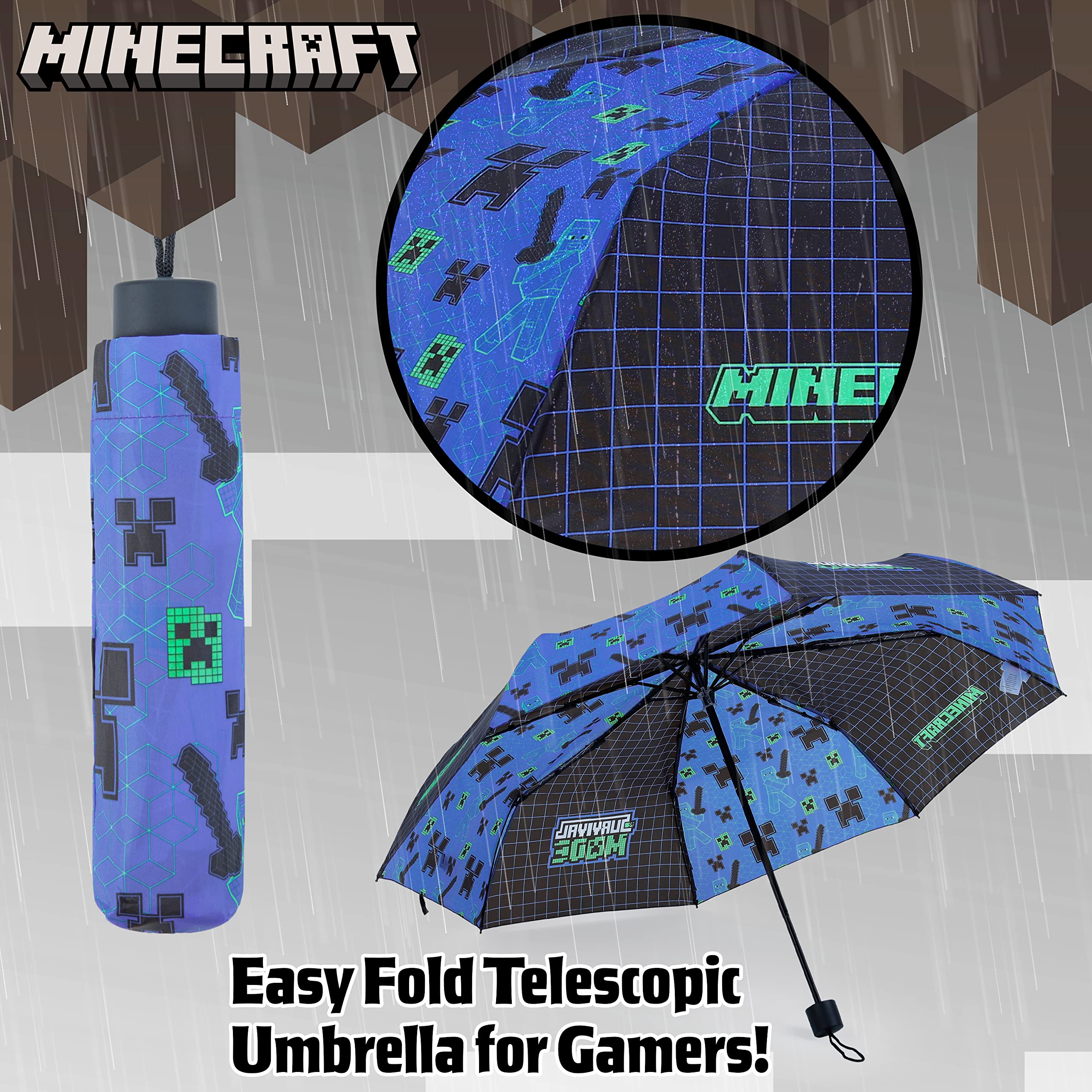 Foto 5 pulgar | Paraguas Minecraft Kids Con Forma De Cúpula Transparente Plegable, Color Negro Y Azul - Venta Internacional.