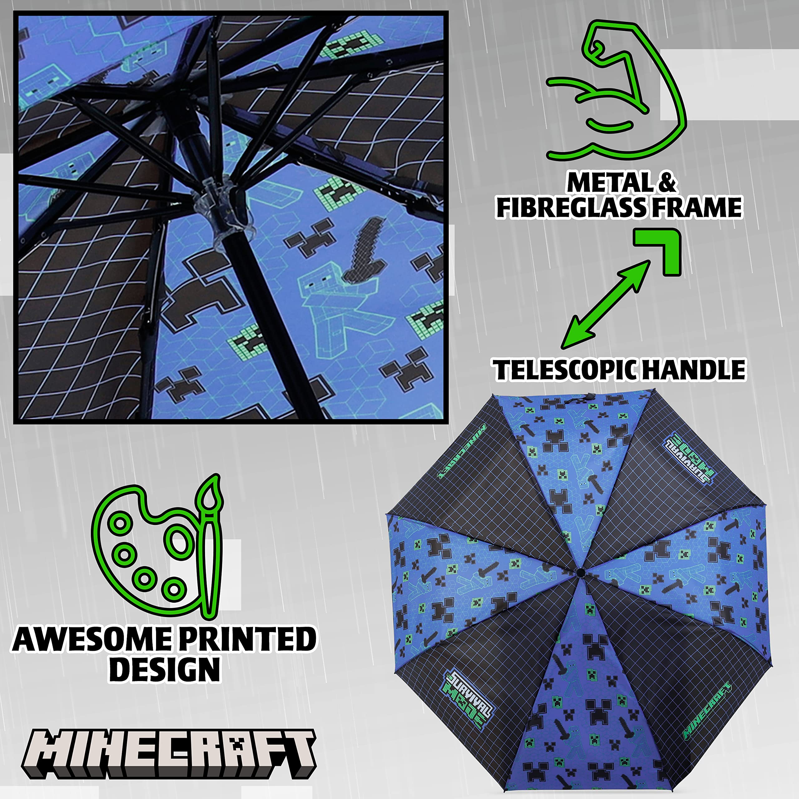 Foto 7 pulgar | Paraguas Minecraft Kids Con Forma De Cúpula Transparente Plegable, Color Negro Y Azul - Venta Internacional.