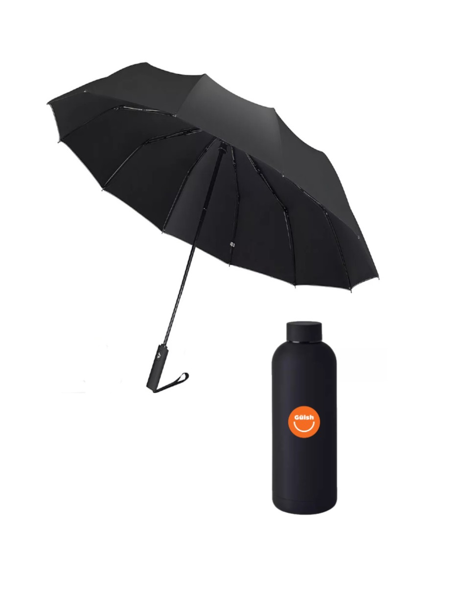 Sombrilla De Bolsillo Reversible + Termo De Agua Güish